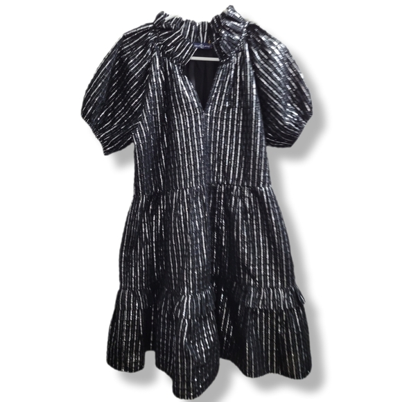 Duffield Lane Black Metallic Stripes Tiered Puff Sleeve Whimsygoth Holiday Dress - Picture 2 of 13